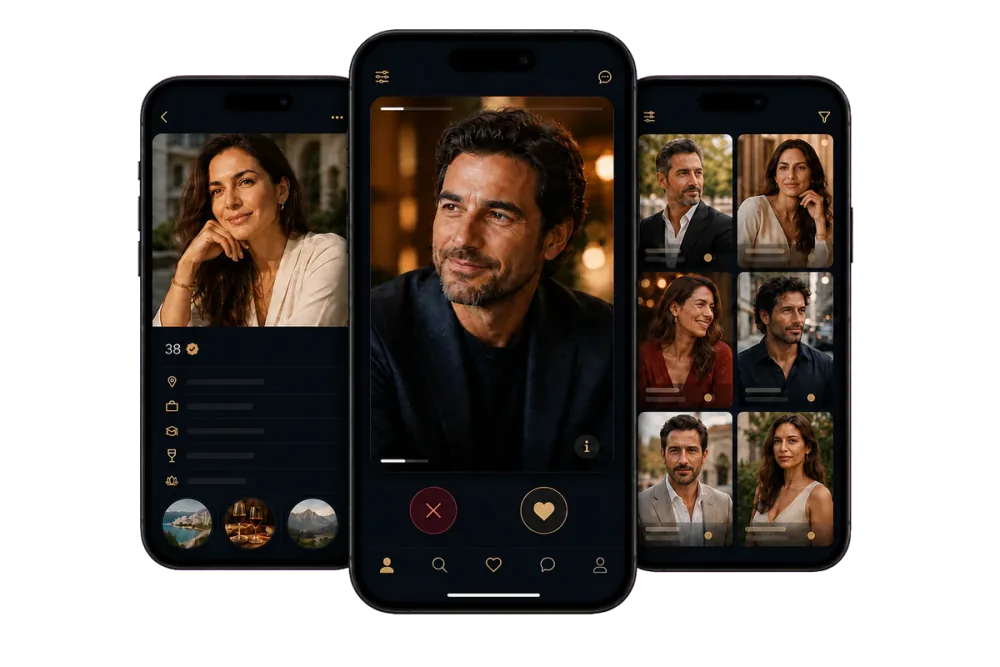 Vista previa de la aplicación de Sugar Baby España en tres dispositivos móviles